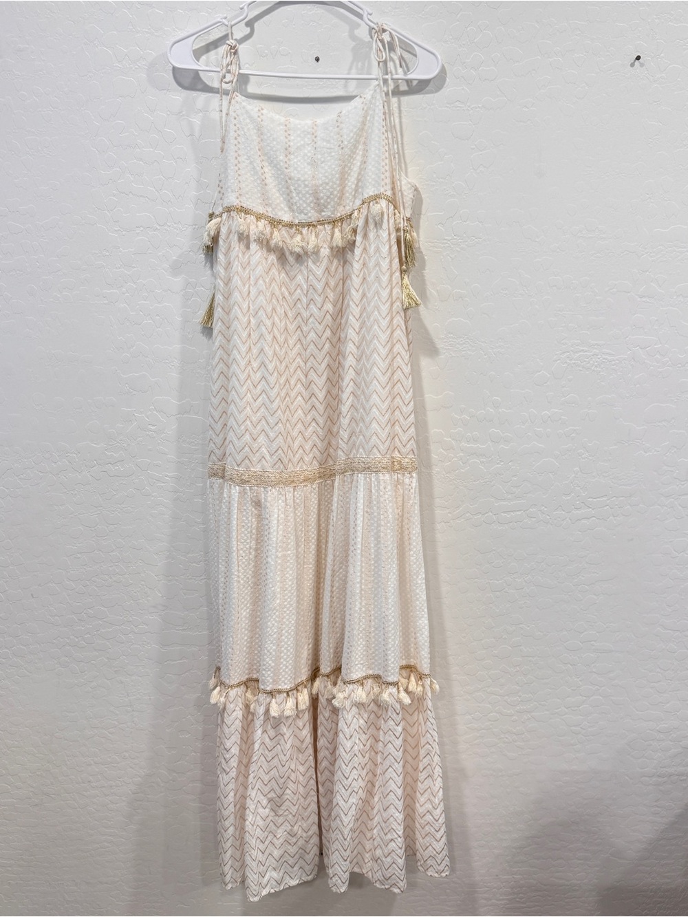 RAGA Tahani Eyelet Tiered Cream Maxi Dress Gold Trim and Tassels Womens Small